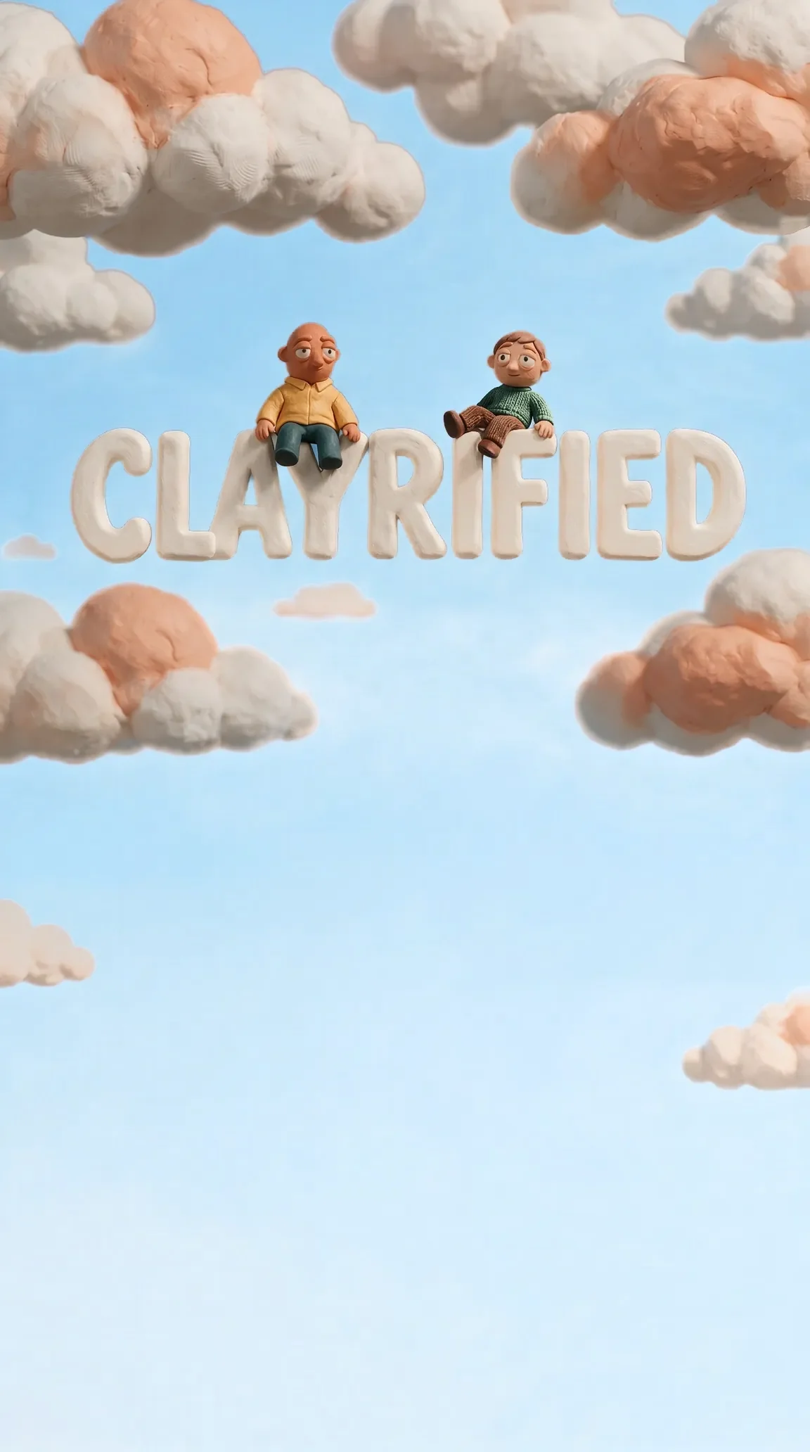 Two clay figures sitting on the word Clayrified, made of white clay, in a blue sky with clay clouds